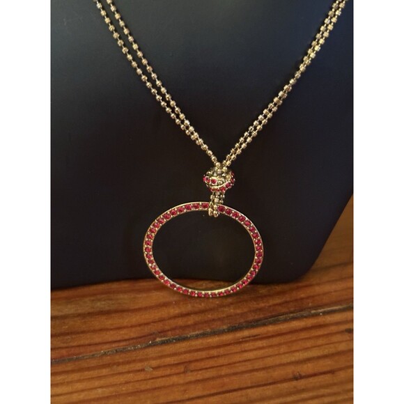Vintage Monet Gold Tone O Pendant Necklace Red Rhinestones BEAUTIFUL! - Picture 5 of 10